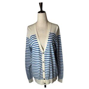 Ann Taylor Sweater Women Medium Blue White Striped Button Front Cardigan Preppy